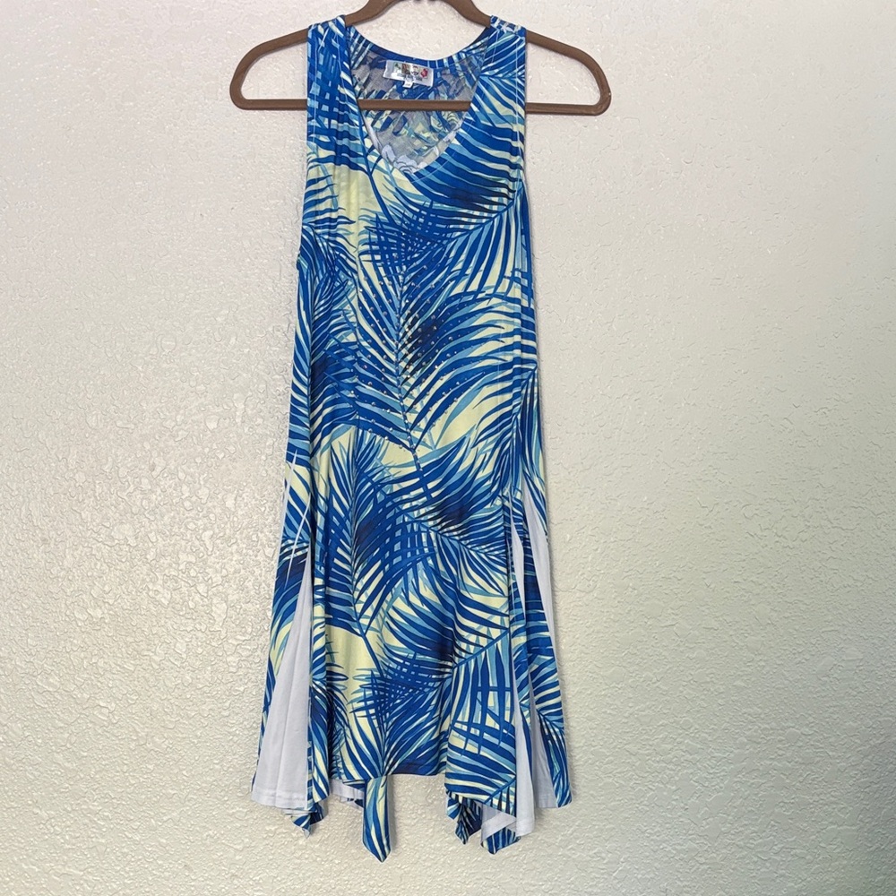 Tropical Asymmetrical Blue and White Dress Palm Design Excellent Condition